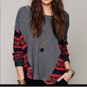 Free People Boho Gray Raw Hem Sweatshirt Red & Purple Thermal Womens